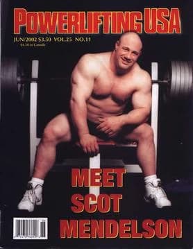 Powerlifting USA cover from June 2002: a lifter sits at the end of a bench with the loaded bar racked behind him.