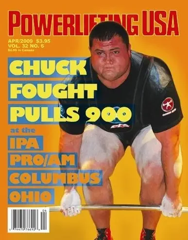 Powerlifting USA cover from April 2009: a lifter set over a loaded bar at the start of a pull.