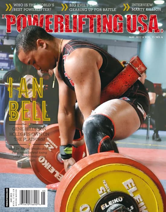Powerlifting USA cover from May 2012: a lifter pulls a deadlift over stacked competition plates.