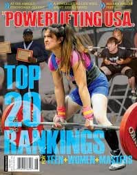 Powerlifting USA cover: a lifter pulls a deadlift, with the issue's Top 20 rankings billed across the front.